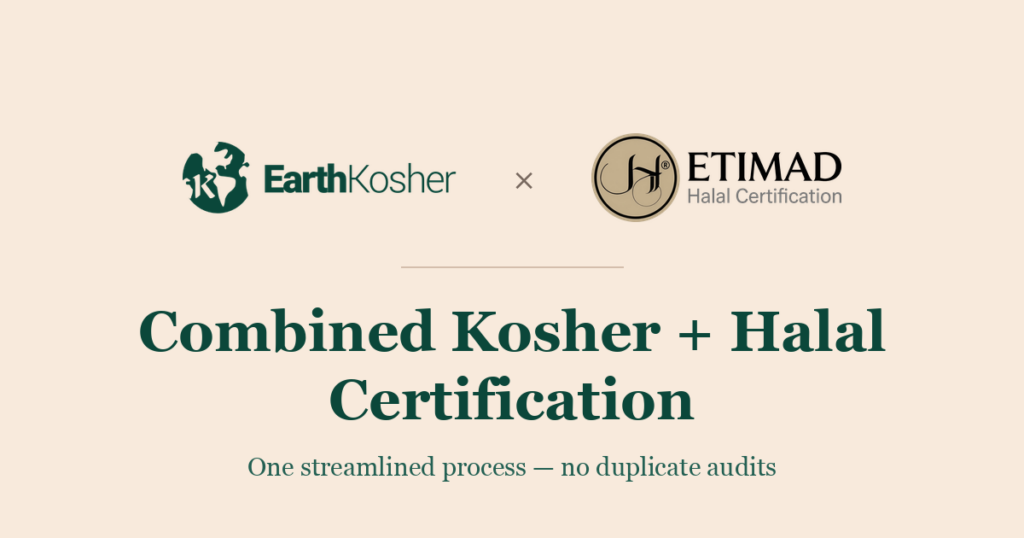 EarthKosher and Etimad Halal logos above the words Combined Kosher + Halal Certification